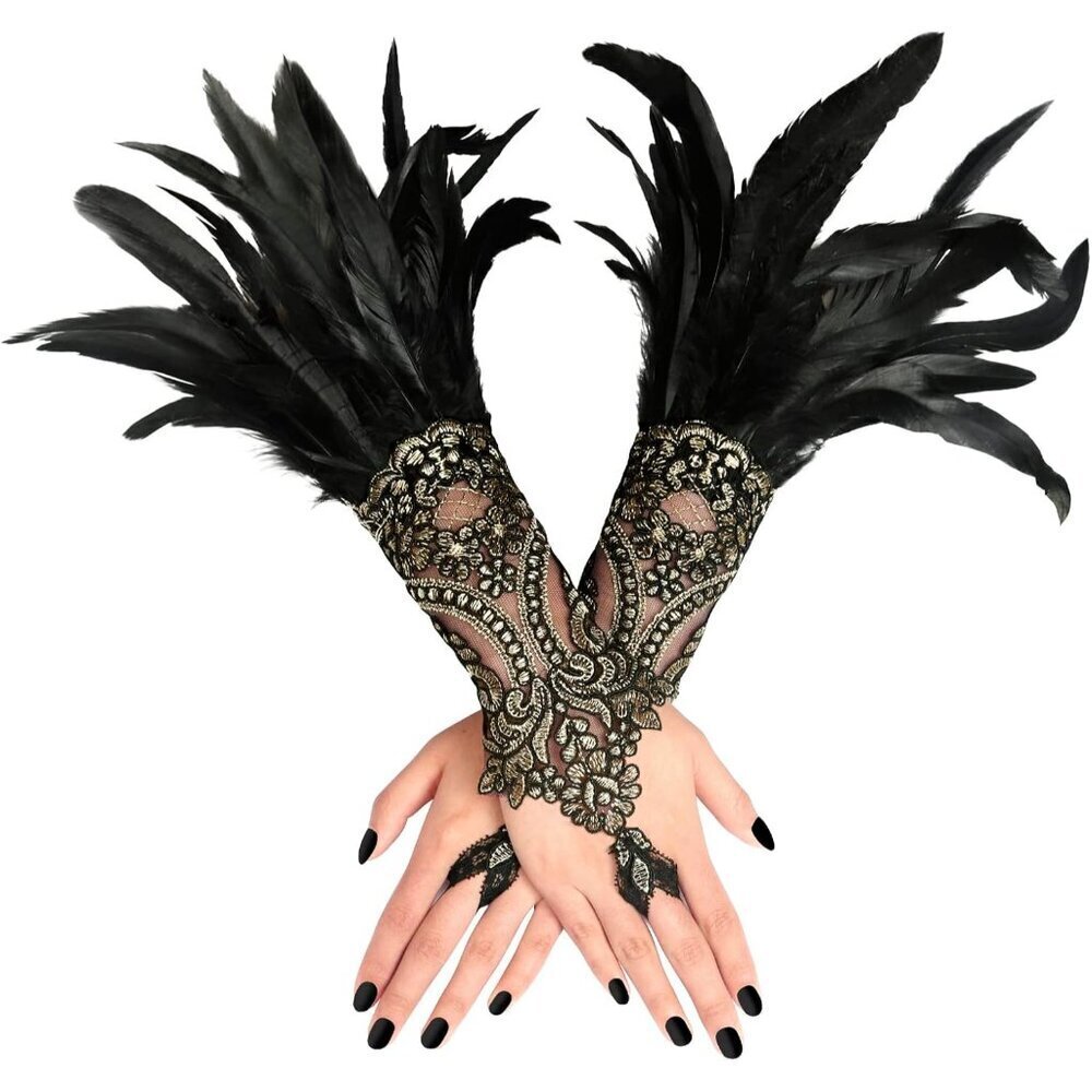 Women Black Lace Feather Gloves Costume Accessories for Witch Angel Swan